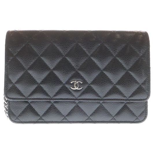 Chanel CC Logo Chain Shoulder Bag Wallet Black Caviar Leather Silver