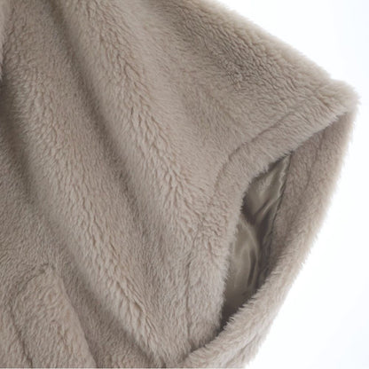 Max Mara Teddy Bear Boa Double Breasted Poncho Cape Beige — view 5
