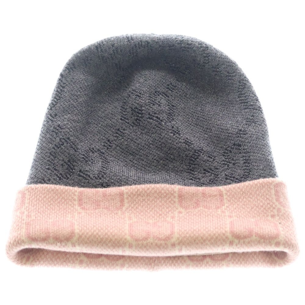 Gucci GG Pattern Reversible Wool Knit Hat Gray Pink