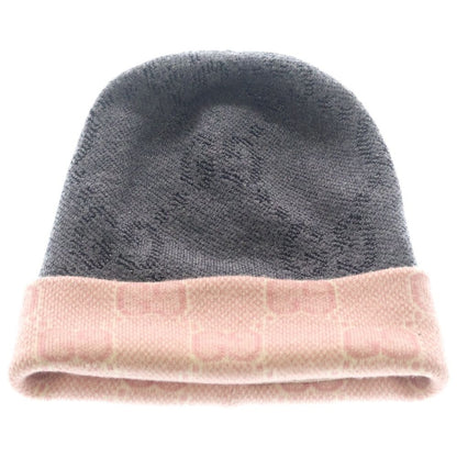 Gucci GG Pattern Reversible Wool Knit Hat Gray Pink