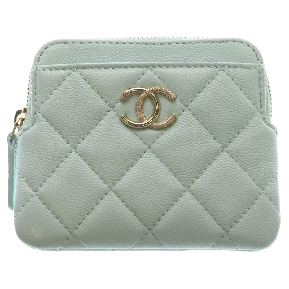 Chanel Quilted CC Logo Zip Coin Purse Mini Wallet Mint Blue Caviar Leather Gold