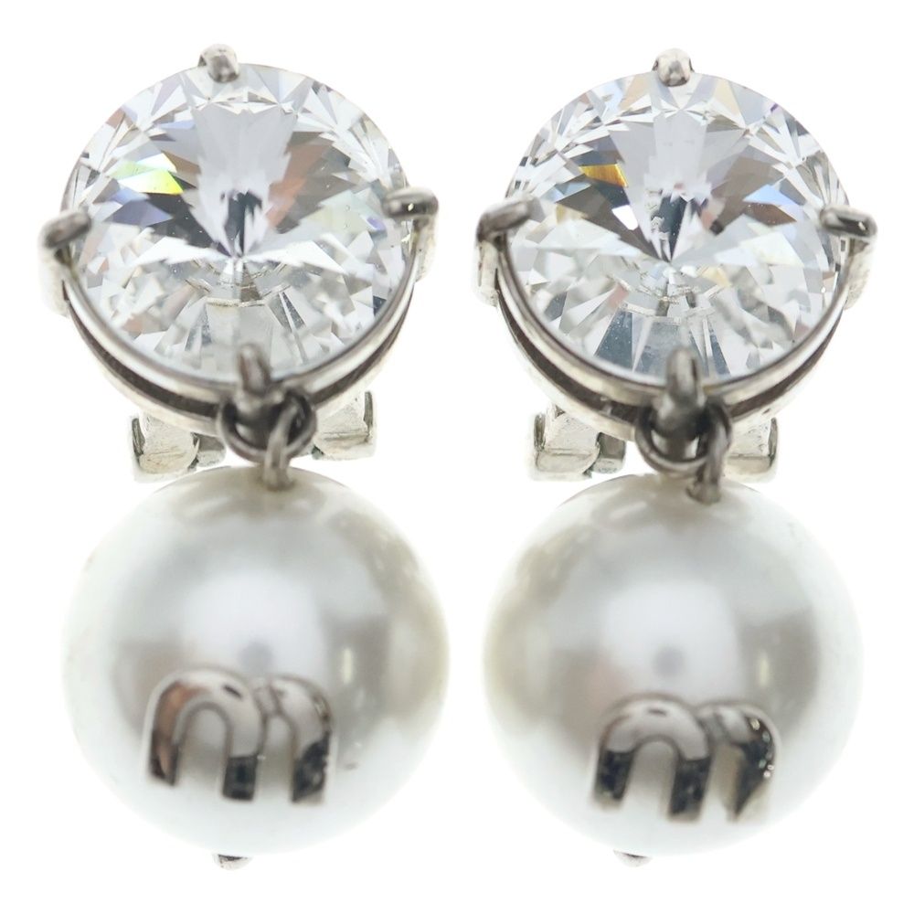 Miu Miu Faux Pearl M Logo Crystal Bijou Earrings White Silver