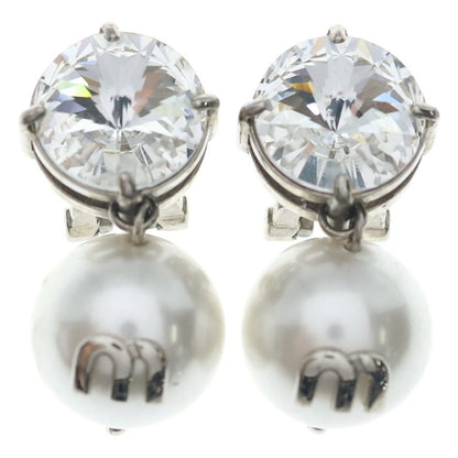 Miu Miu Faux Pearl M Logo Crystal Bijou Earrings White Silver