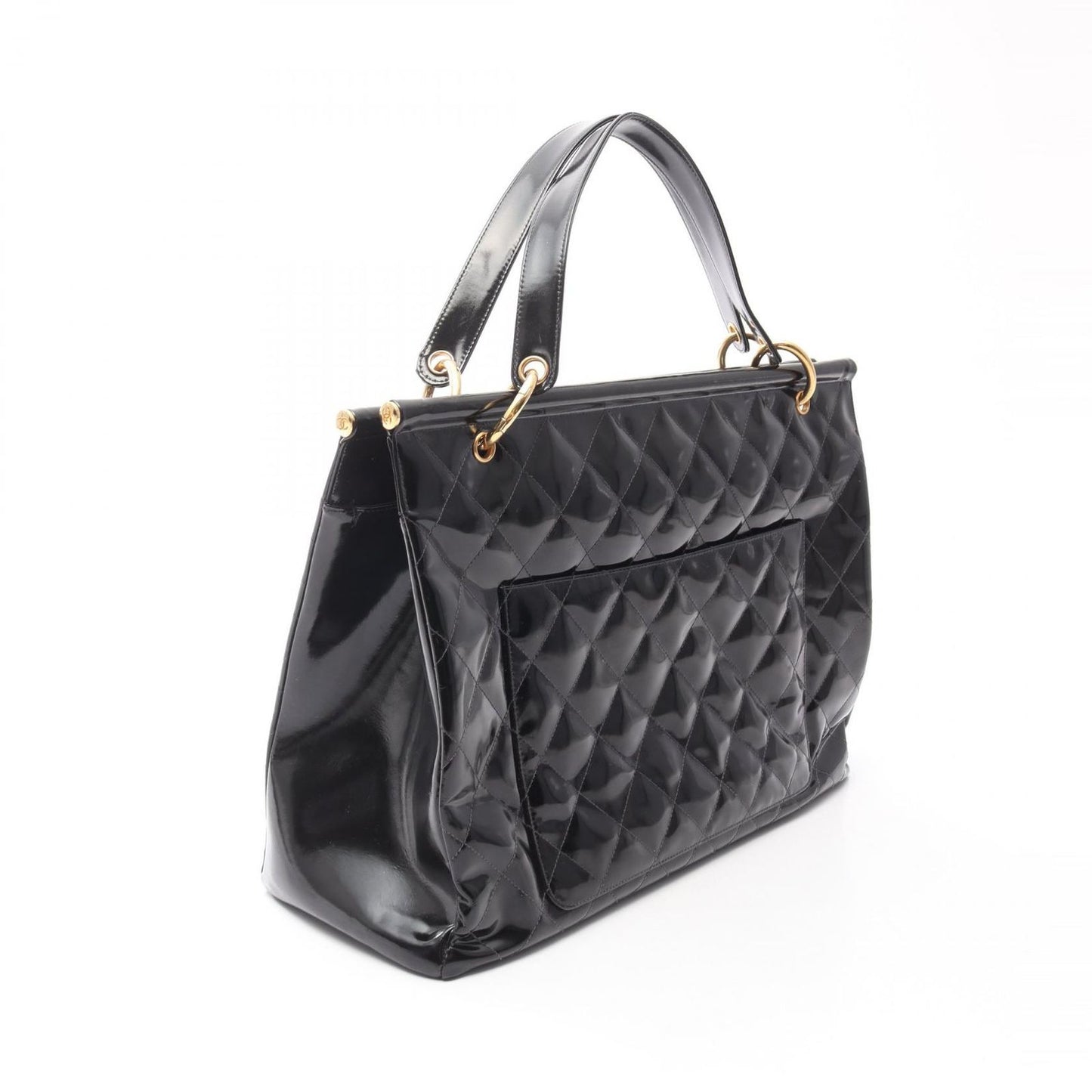 Chanel Tote Quilted Black Patent Leather CC Logo — view 2
