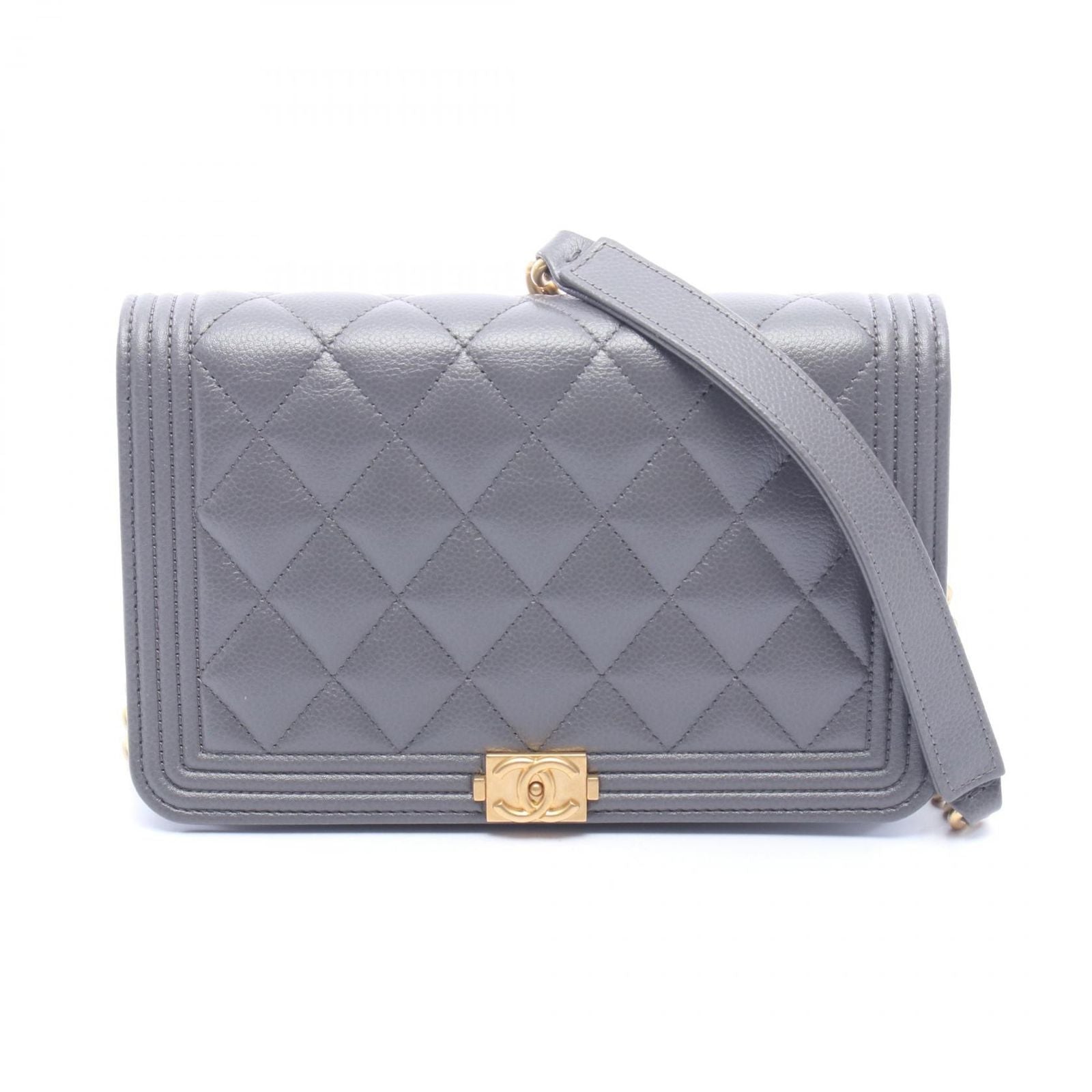 Chanel Shoulder Bag Quilted Gray Caviar Leather Chain Wallet