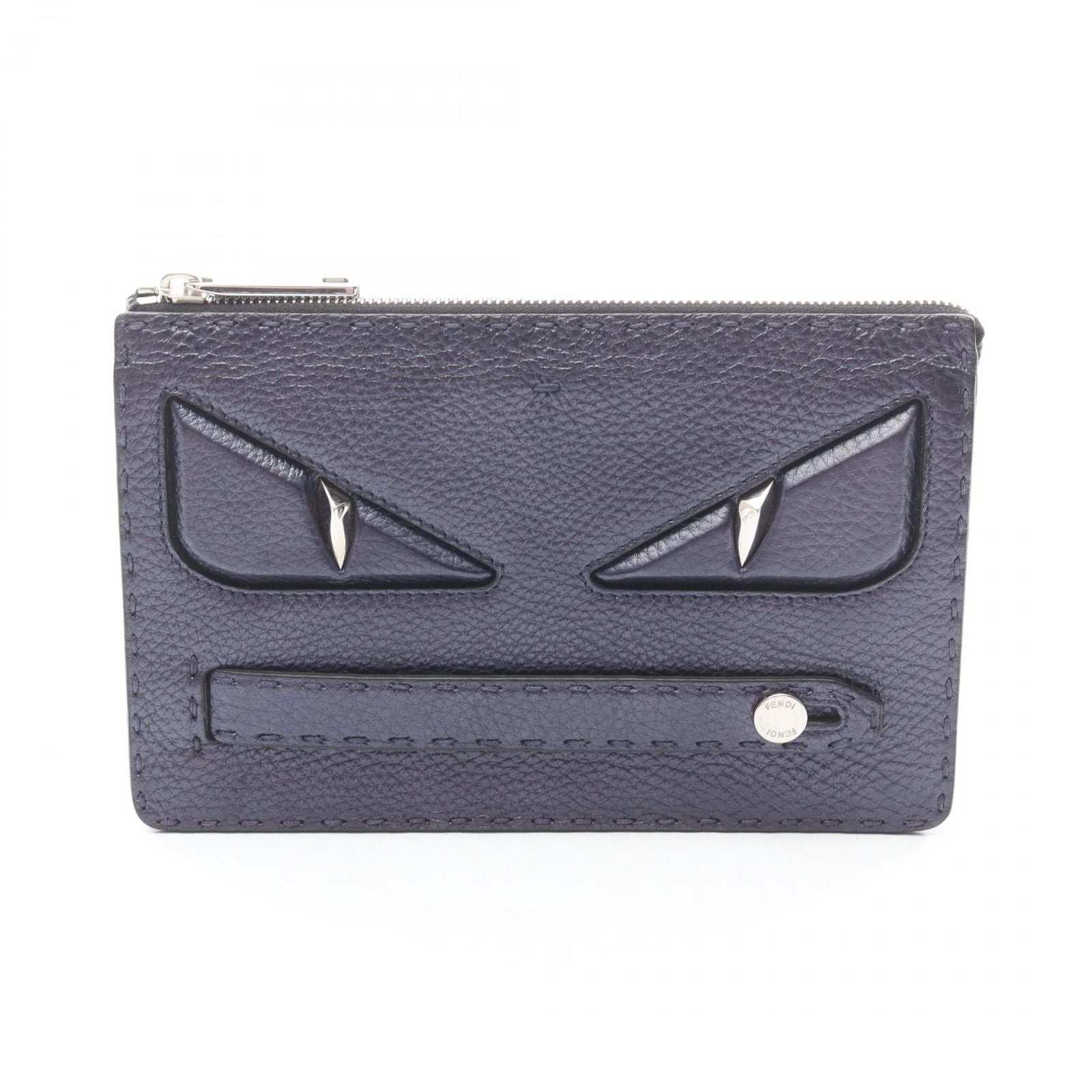 Fendi Clutch Bugs Monster Star Slim Metallic Navy Leather