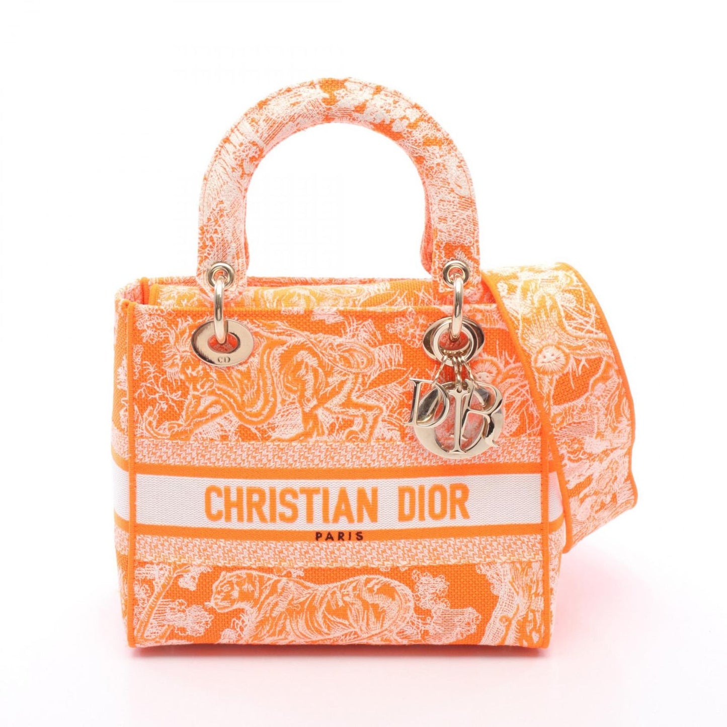 Dior Handbag Lady D-lite Midi 2-Way Neon Orange Canvas Tote