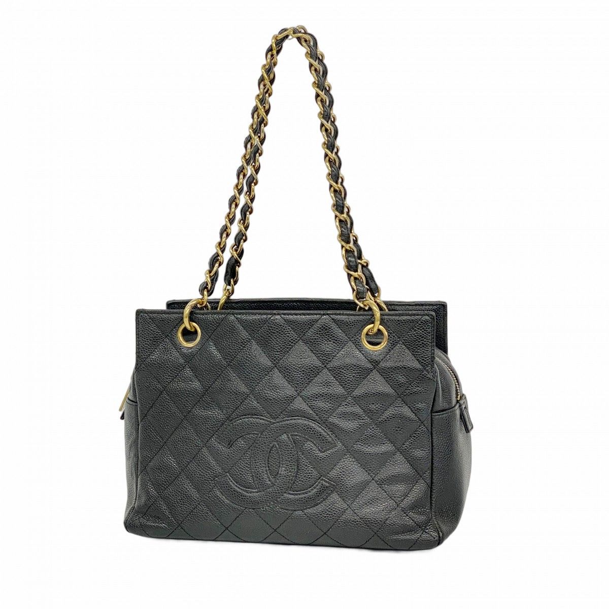 Chanel Shoulder Bag Quilted Caviar Leather Black Gold
