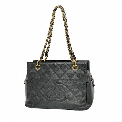 Chanel Shoulder Bag Quilted Caviar Leather Black Gold