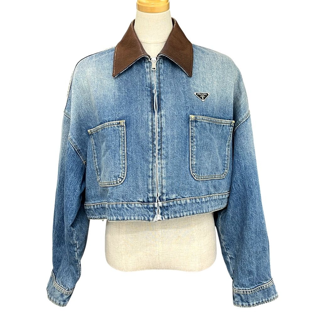 Prada Jacket Triangle Plate Collar Leather Cotton Blue