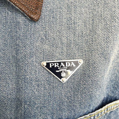 Prada Jacket Triangle Plate Collar Leather Cotton Blue — view 6