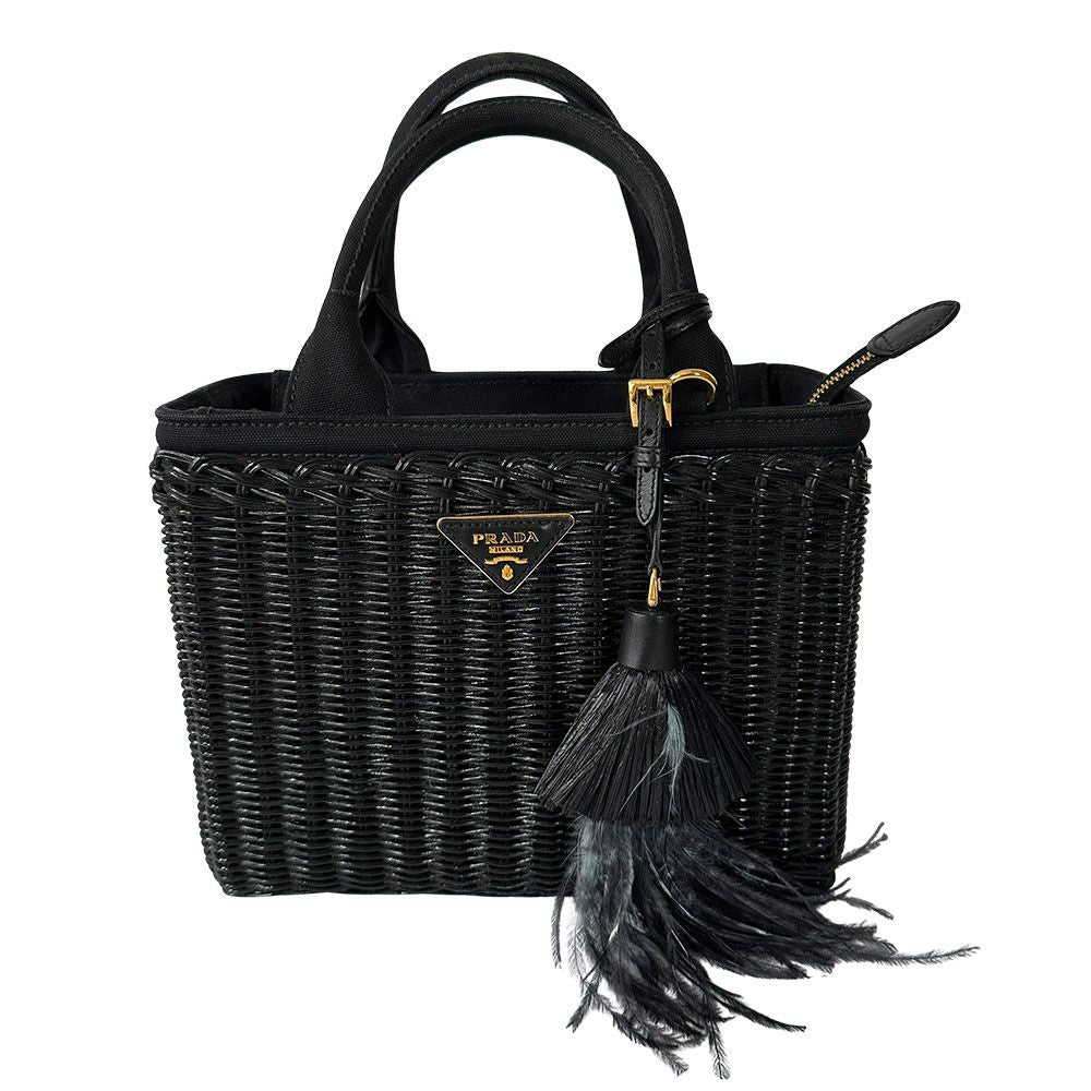 Prada Tote Canvas Basket Black Wicker Cool