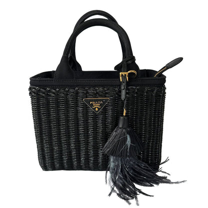 Prada Tote Canvas Basket Black Wicker Cool
