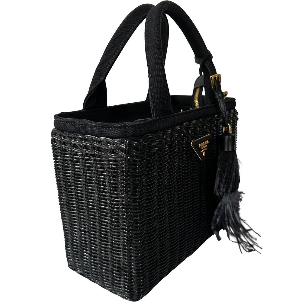 Prada Tote Canvas Basket Black Wicker Cool — view 6