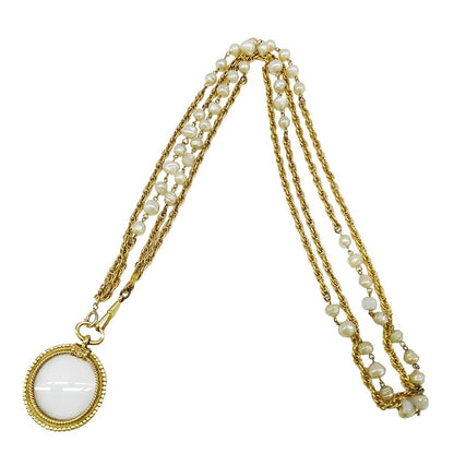 Chanel Necklace Faux Pearl Gold Pendant Loupe Double Chain Long Vintage — view 3