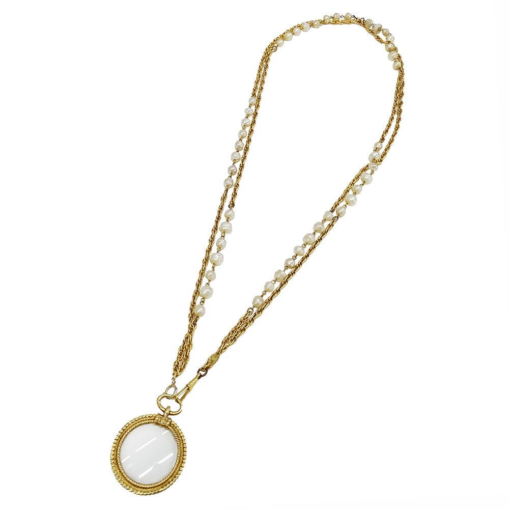Chanel Necklace Faux Pearl Gold Pendant Loupe Double Chain Long Vintage — view 2