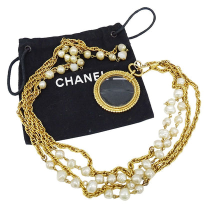 Chanel Necklace Faux Pearl Gold Pendant Loupe Double Chain Long Vintage — view 4