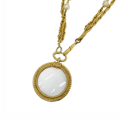 Chanel Necklace Faux Pearl Gold Pendant Loupe Double Chain Long Vintage