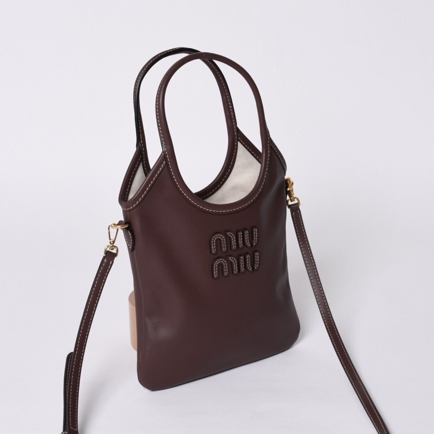 Miu Miu Ivy Mini 2-Way Bag Calfskin Logo Patch Brown Gold — view 3