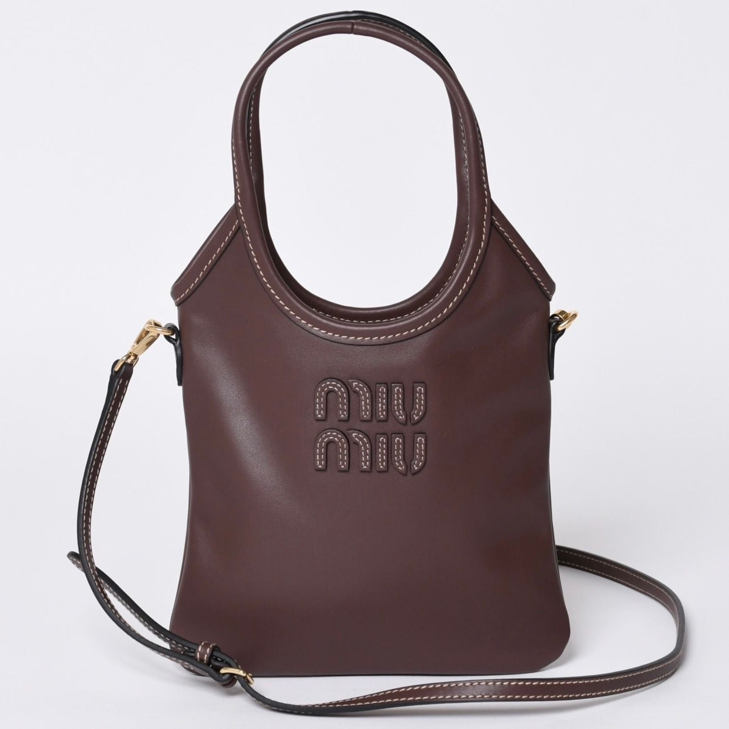 Miu Miu Ivy Mini 2-Way Bag Calfskin Logo Patch Brown Gold