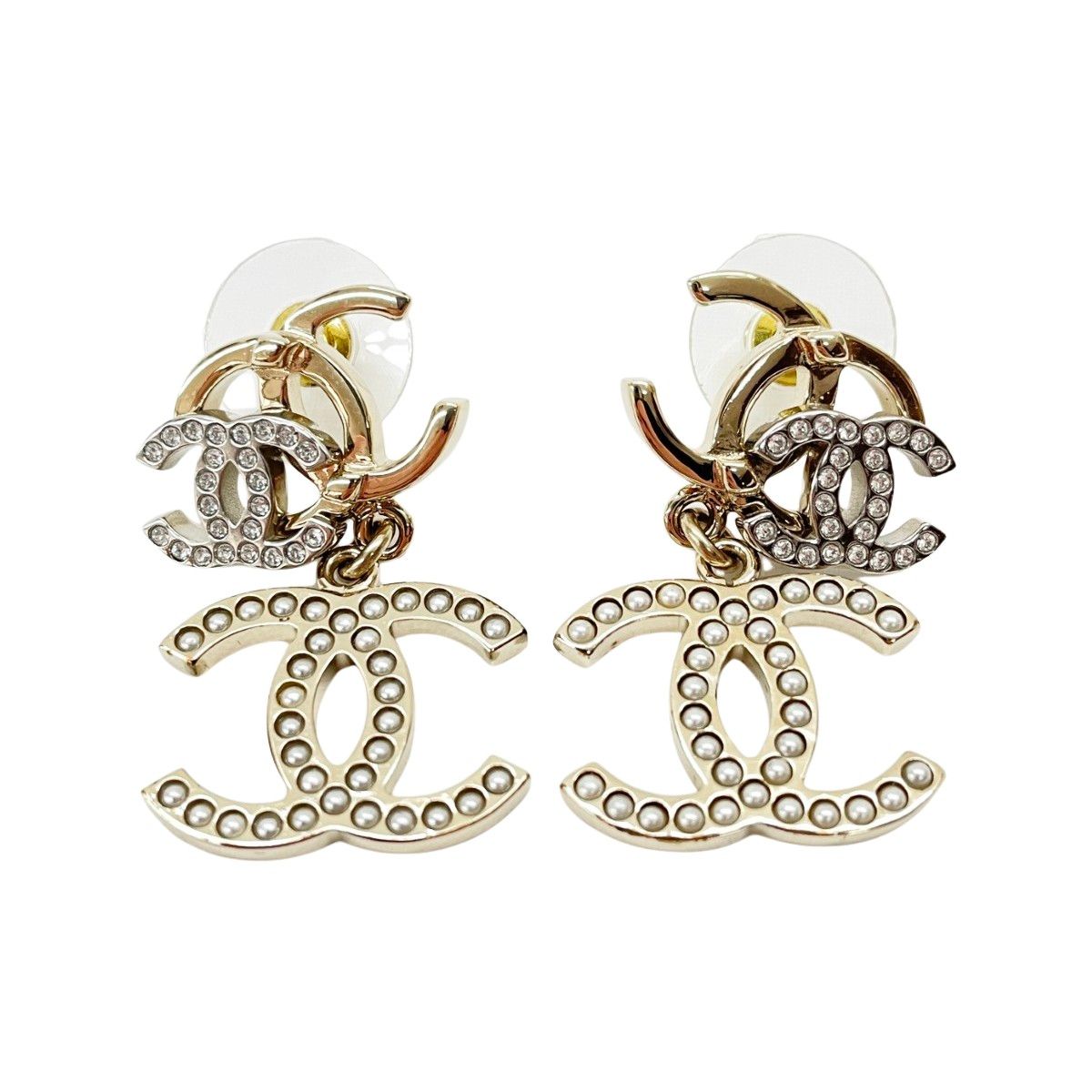 Chanel Earrings Triple CC Logo Line Stone Faux Pearl