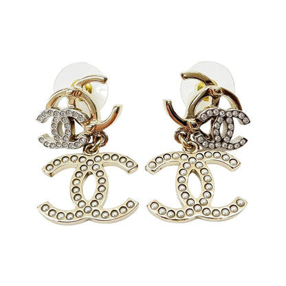 Chanel Earrings Triple CC Logo Line Stone Faux Pearl
