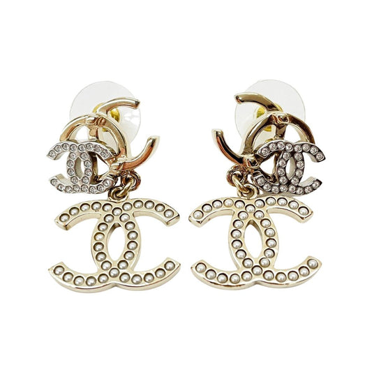 Chanel Earrings Triple CC Logo Line Stone Faux Pearl