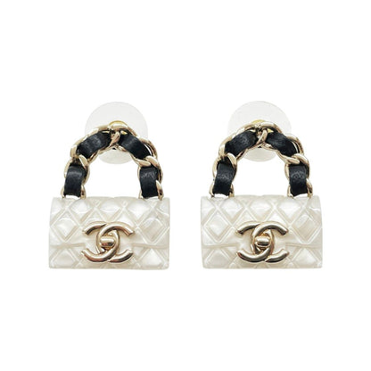 Chanel Earrings Bag Motif CC Logo Quilted Gold White
