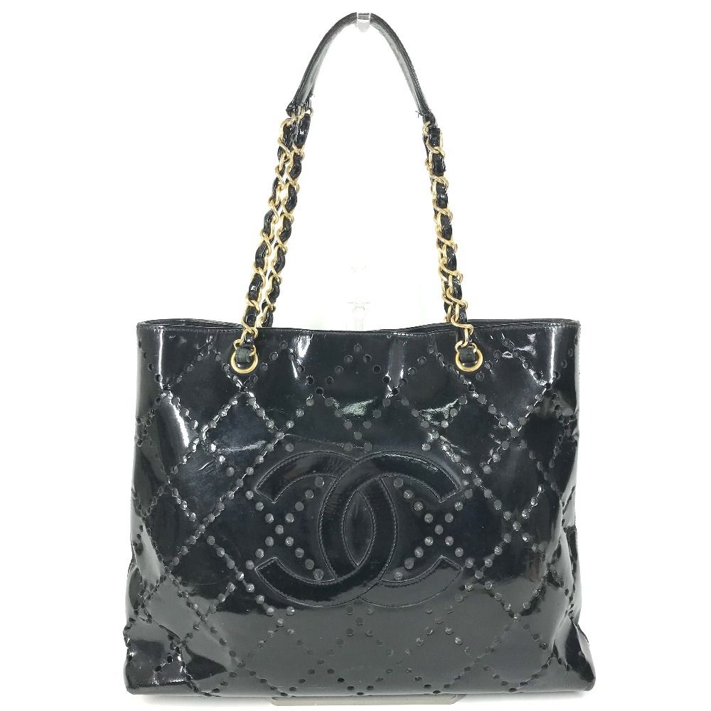 Chanel Shoulder Bag CC Logo Quilted CC Perforated Enamel Black