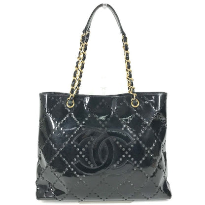 Chanel Shoulder Bag CC Logo Quilted CC Perforated Enamel Black
