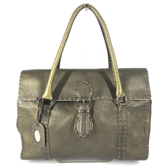 Fendi Handbag Selleria Stitch Leather Metallic Gold