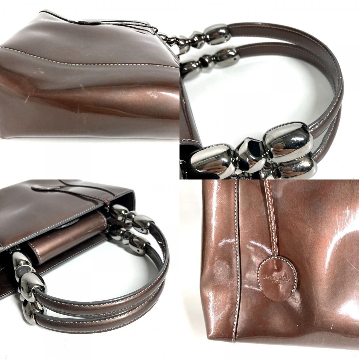 Dior Handbag Maris Pearl Logo Patent Leather Brown — view 8