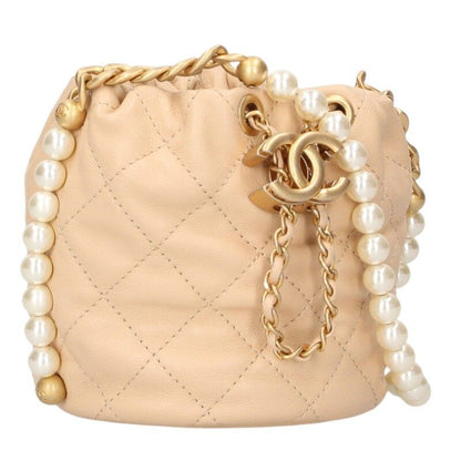 Chanel Quilted CC Logo Charm Lambskin Pearl Chain Shoulder Bag