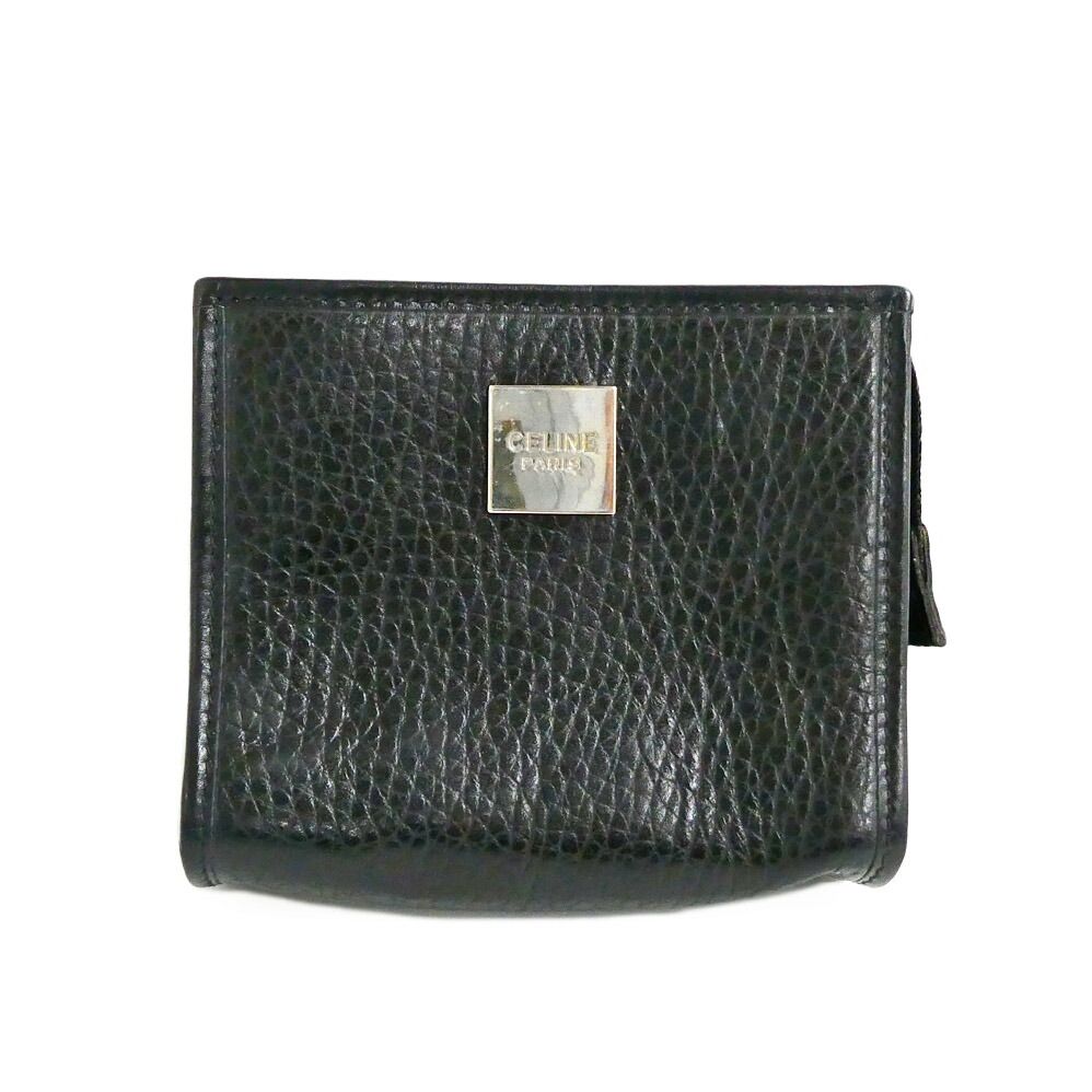 Celine Zipper Coin Case Black Vintage Leather Silver Purse