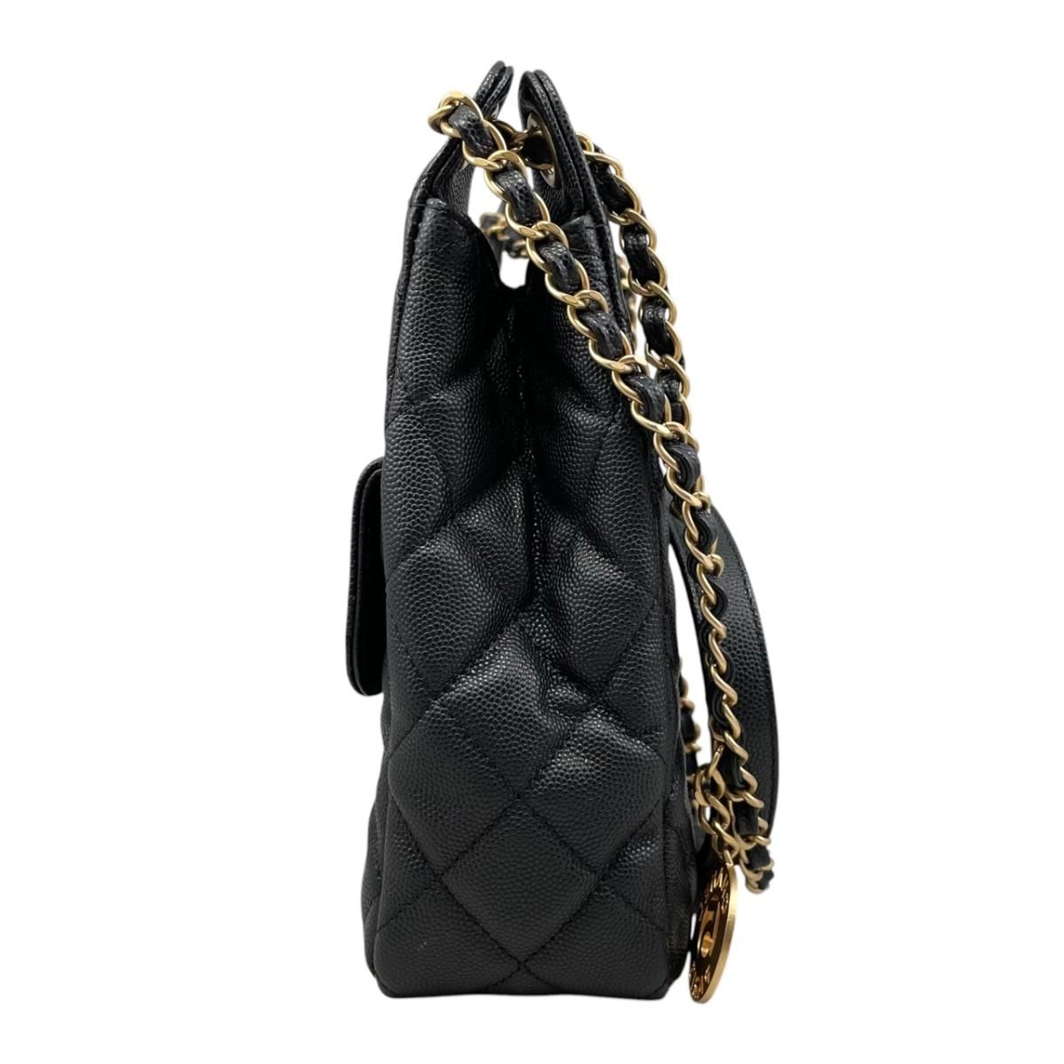 Chanel Shoulder Bag Hobo Quilted Caviar Leather CC Logo Black Gold — view 3