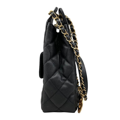 Chanel Shoulder Bag Hobo Quilted Caviar Leather CC Logo Black Gold — view 3