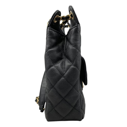 Chanel Shoulder Bag Hobo Quilted Caviar Leather CC Logo Black Gold — view 4