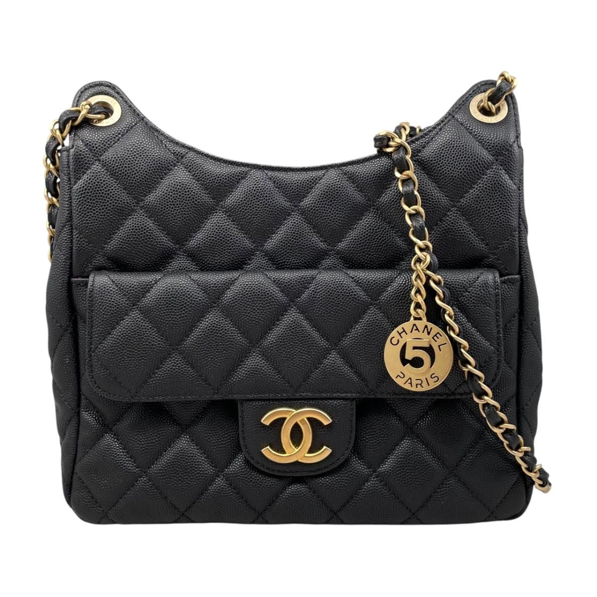 Chanel Shoulder Bag Hobo Quilted Caviar Leather CC Logo Black Gold