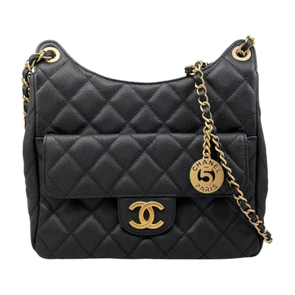 Chanel Shoulder Bag Hobo Quilted Caviar Leather CC Logo Black Gold