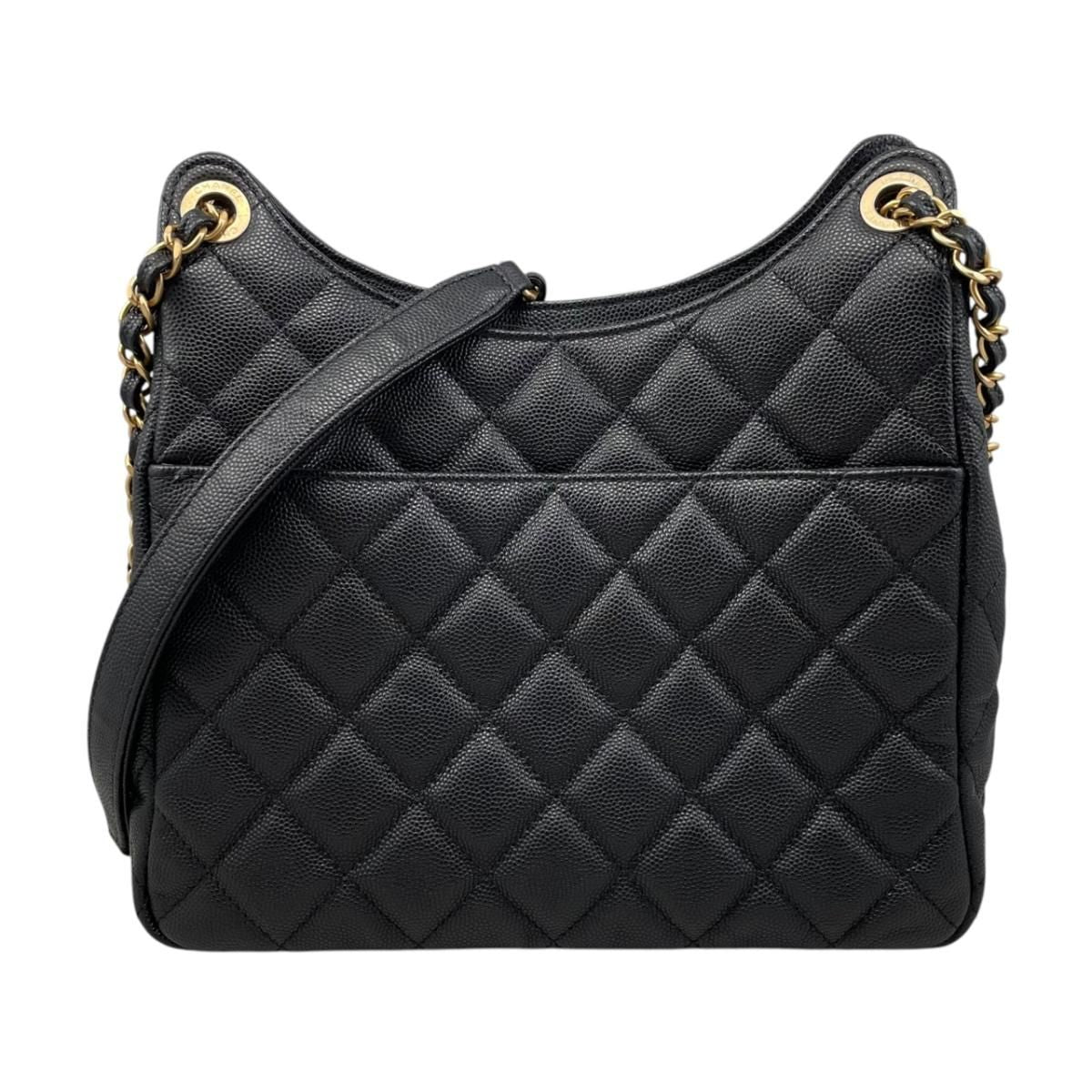 Chanel Shoulder Bag Hobo Quilted Caviar Leather CC Logo Black Gold — view 2