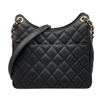 Chanel Shoulder Bag Hobo Quilted Caviar Leather CC Logo Black Gold — view 2