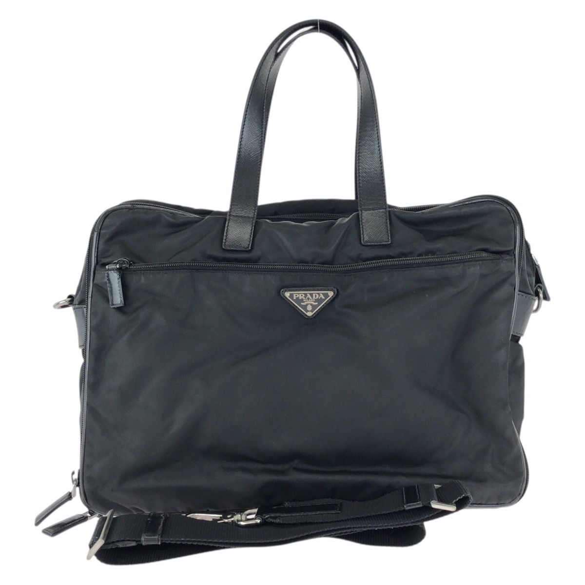 Prada Tessuto Saffiano Black Silver Nylon Leather Business Briefcase