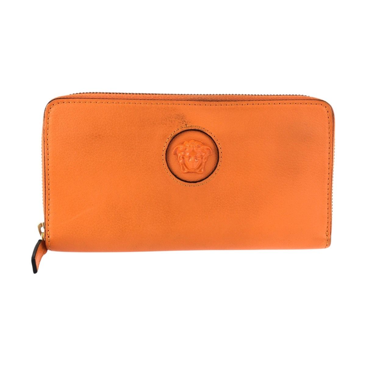 Versace Medusa Zip Around Orange Gold Leather Wallet