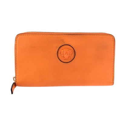 Versace Medusa Zip Around Orange Gold Leather Wallet