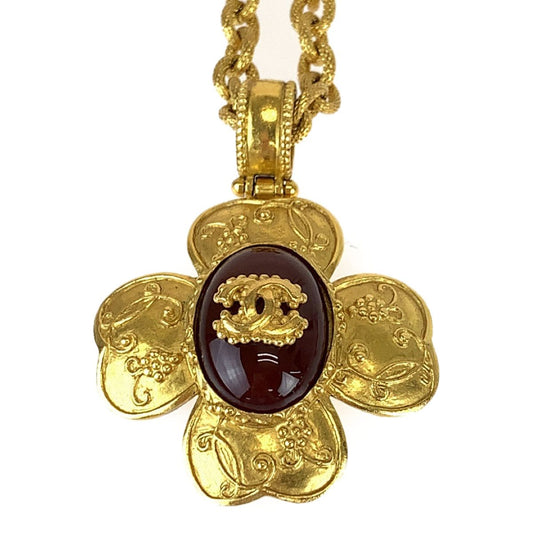 Chanel Vintage Gripoix CC Logo Stone Flower Gold Wine Red Necklace Pendant