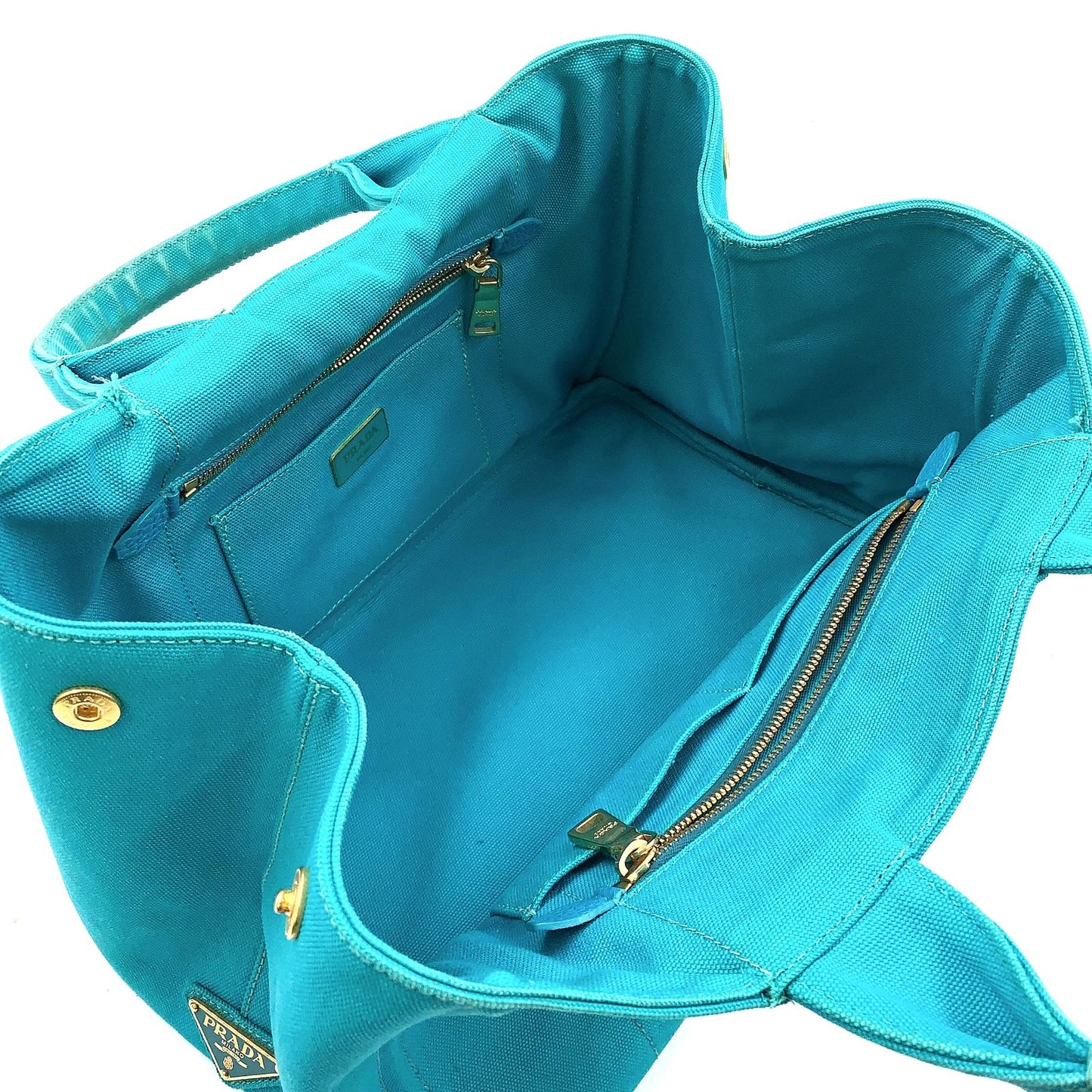 Prada Canapa Canvas Blue Green Tote Gold — view 3
