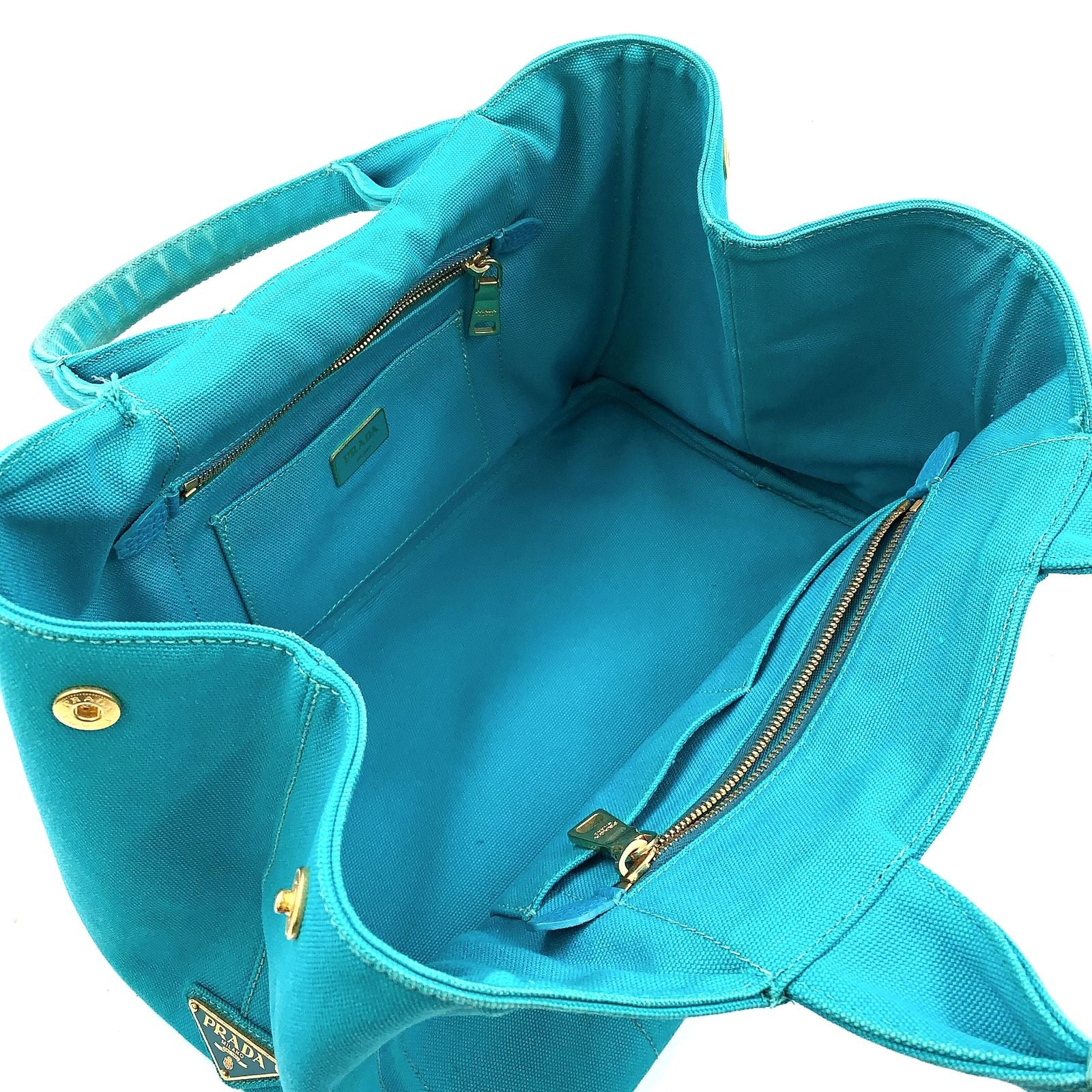 Prada Canapa Canvas Blue Green Tote Gold — view 3