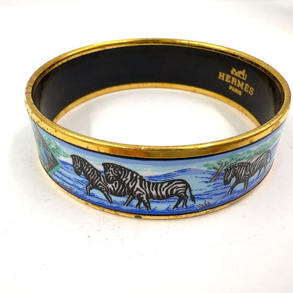 Hermes Enamel Gold Plated Blue Bangle Bracelet — view 7