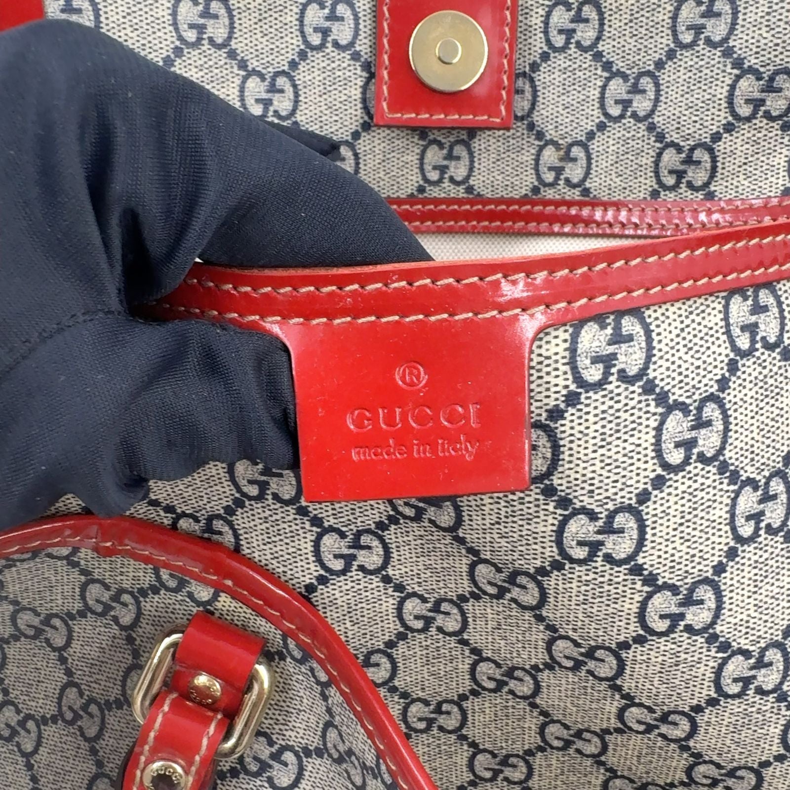 Gucci GG Supreme Enamel Leather Beige Red Tote Gold — view 4
