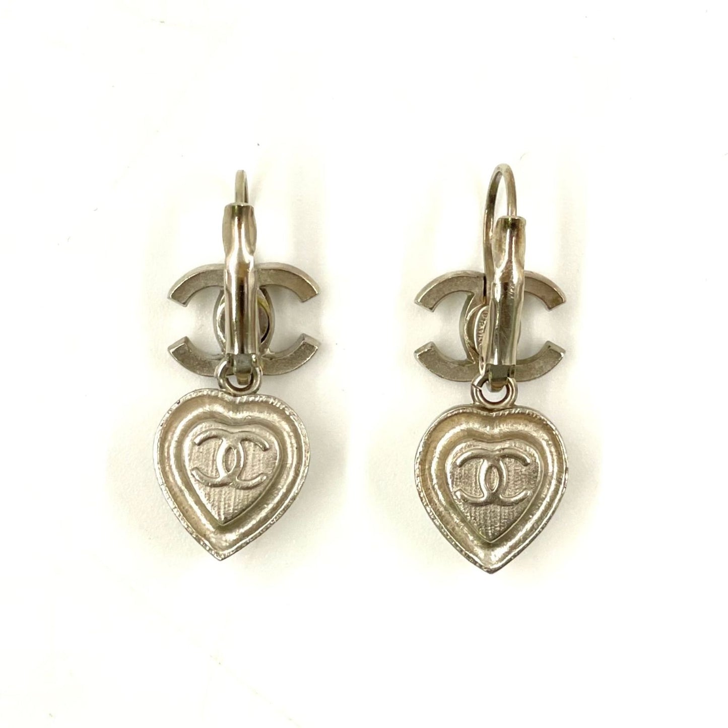 Chanel CC Logo Heart Metal Line Stone Silver Earrings — view 5